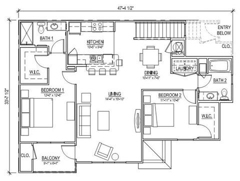 A floor plan of a two bedroom apartment with a balcony.